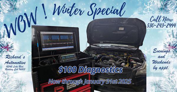 Winter special!  $100 Diagnostics. Call to book your appt now 530-243-2994
*Special price good now through January 31st 2025.