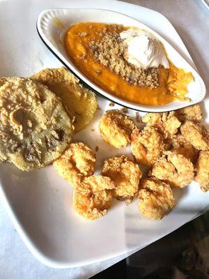 Shrimp, fried green tomatoes and sweet potato brûlée