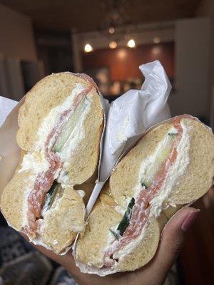 Lox & cream cheese bagel with cucumbers