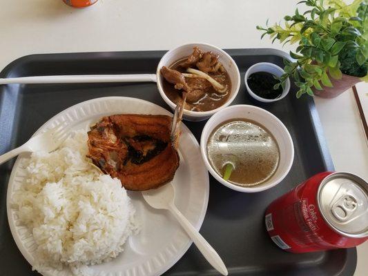 Pork steak & fried milk fish with rice and beef broth ($8)