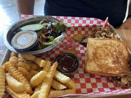 Chopped pork plate with fries and side salad