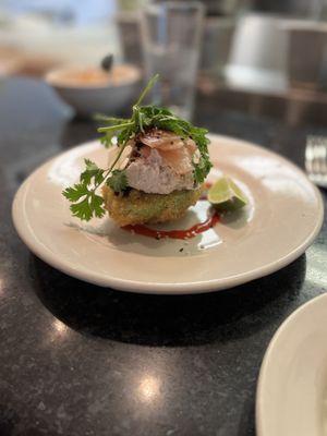 Dinosaur Egg - half avocado, panko breaded and fried stuffed with crab and topped with pickled ginger