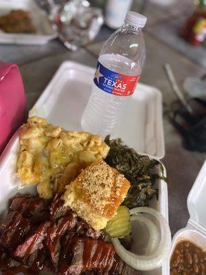 Mac & Cheese, Brisket, Collard Greens Corn Bread, & Baked Beans.