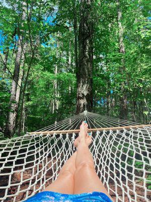 Relaxing in the pines in one of the comfy hammocks. Lots of nature sounds!