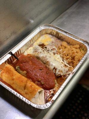 Burrito, Chile relleno , mole enchilada served with rice and beans .