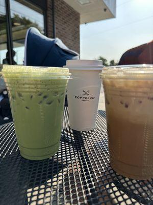 Matcha latte, copper latte, and honey lavender latte