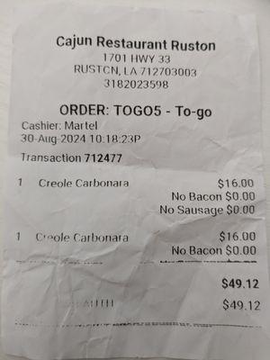 The receipt I was given.