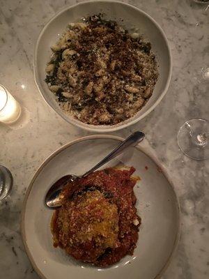 Sausage, Spinach, Mushroom Pasta & Eggplant Parmesan