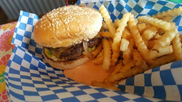 A cheeseburger and fries at the Bluebird Inn.