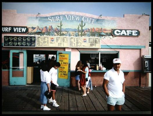 The old front of the Surf View Cafe, ca. 1980, the desert mural is now inside the dining room.