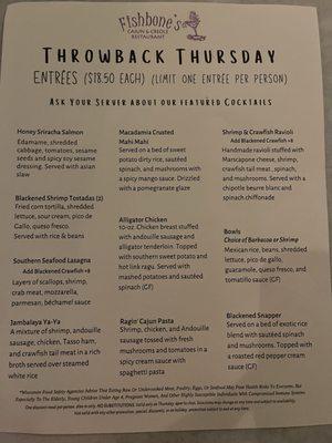 Throwback Thursday Menu