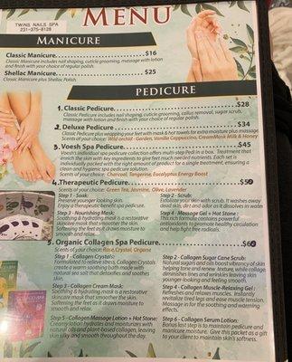 Pedicure Menu