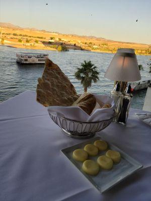 Complimentary Bread Basket & Butter with "Celebration" on the Colorado River in the Background