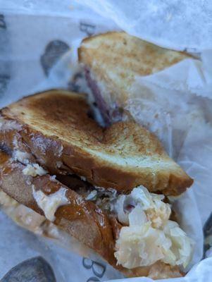 Reuben with pastrami - a big sloppy mess