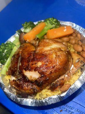 Rotisserie Chicken, Yellow Rice & Beans, Steamed Veggies