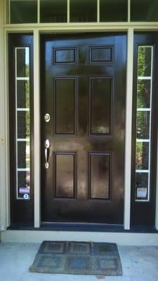 This is after of a door done in Westerville. The door was sanded and a gel stain, Spar Urethane, Semi-Gloss and 2 Coats Clear w