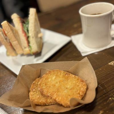 TLT (Tempeh Bacon, Lettuce & Tomato), Hash Browns and Drip Coffee