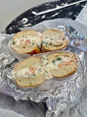 Scallion bagel Lox and scallion cream cheese spread