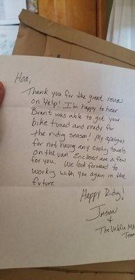 Nice letter from the owner Jason