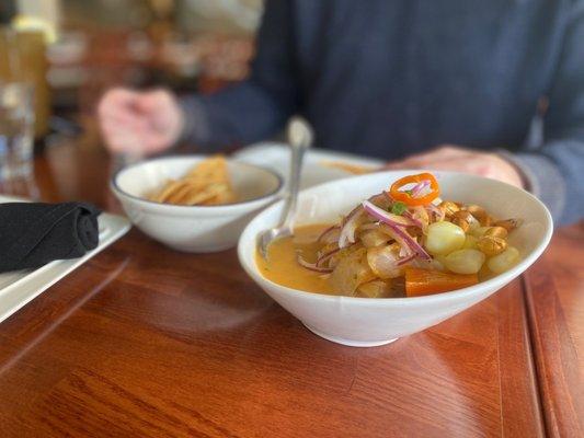 Classic ceviche with chips. Yum!