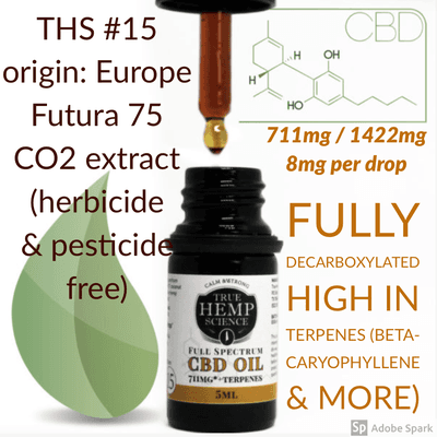 #15 is 8mg per drop, calming, made form European hemp and is rich in terpenes & phytocannabinoids. This product is heated, decarboxylated.