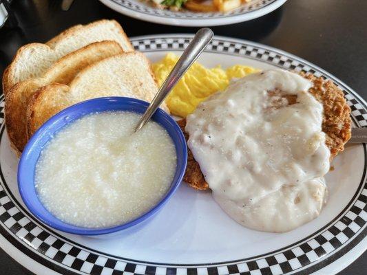 Country Fried Steak with grits and toast