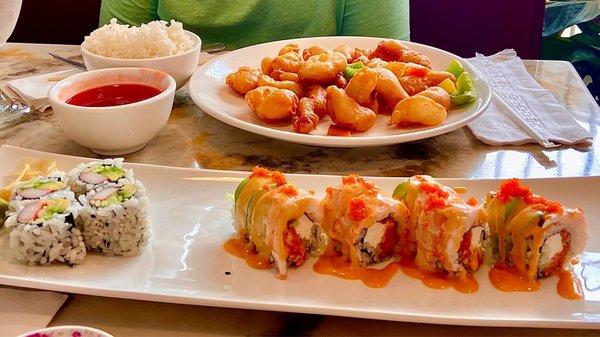 California roll, Godzilla roll & a build it yourself Sweet & Sour chicken kit