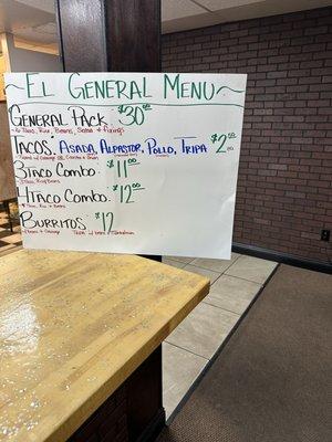 El General menu.