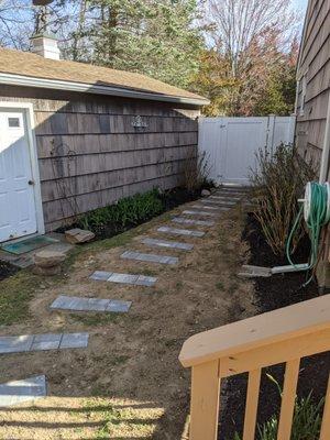 New garden path with French cut stones, replacing the previous "haphazard rocks" we had before!