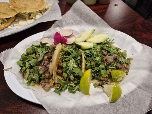 3 Tacos.  Barbacoa, al pastor, steak