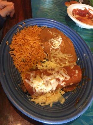 Kids meal enchilada, rice, and beans