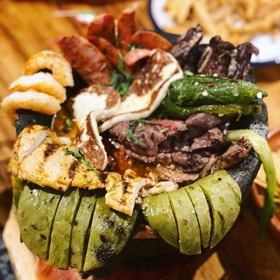 Molcajete For 2 Traditional Mexican Stone Bowl with a meat mix, (Steak, Chicken, Chorizo, Shrimp and cheese)