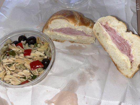 pasta salad and Italian combo on a roll