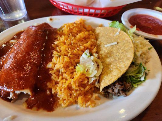 Speedy Gonzalez. Beef taco and chicken enchilada with rice.