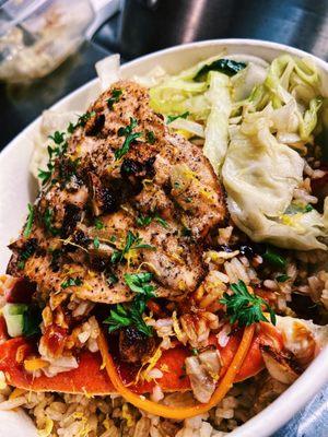 Garlic herb salmon plate with sweet chili fried crab rice & cabbage