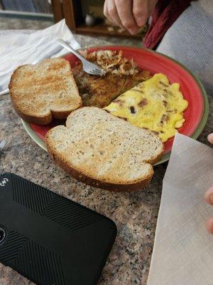 Bacon Omlet, hash browns, wheat toast