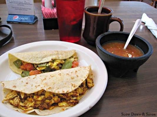 Nopal & Egg on Corn, Chorizo & Egg on Flour