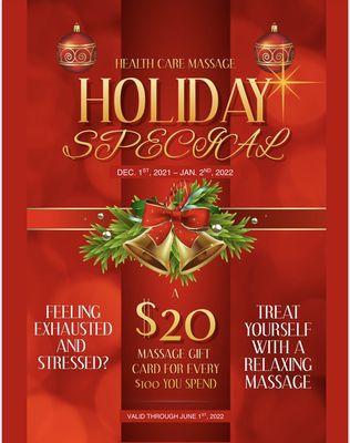 Don't miss the Health Care Massage holiday specials! A $20 massage gift card for every $100 you spend.