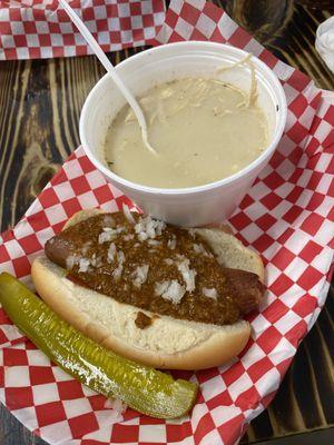 Loaded hot dog and chicken stew