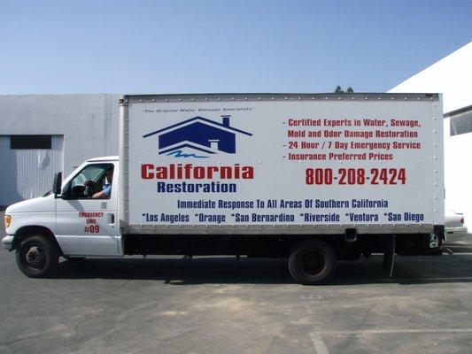 One of our Fully Equipped Box Trucks, Ready to work 24/7. We send techs ready to work & not Estimators in Cars/Pick-Up Trucks!