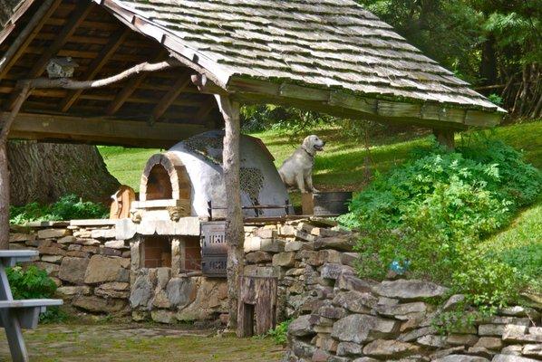 Quiet Creek's Earthen Oven used for Team-Building Pizza Classes with Dill, the organic dog, in the background