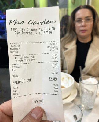 Pho Garden.  Our bill.