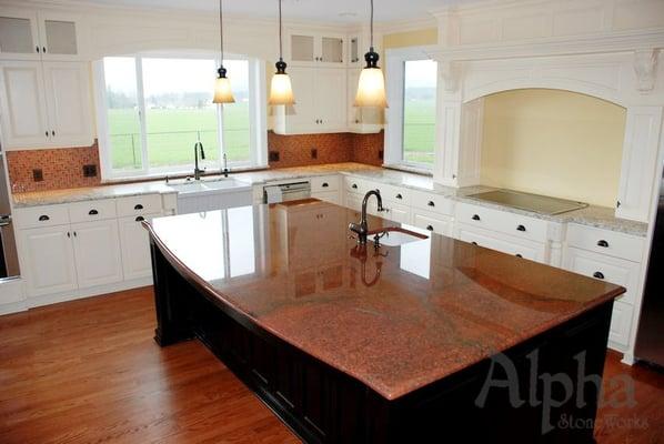 Red dragon granite island with ogee edge, White Spring granite perimeter