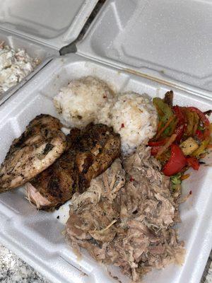 Garlic chicken and pork with rice and veggies