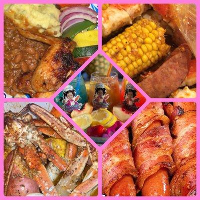 BBQ chicken plate, Seafood crab boil, bacon wrapped hotdogs