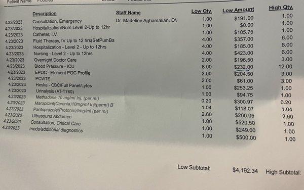 The bill for tests they couldn't run until the next day and overnight services...