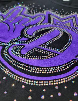 Custom soft metallic foil print with accented rhinestones