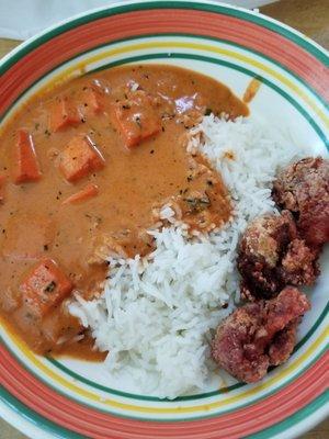 Paneer tikka masala, rice, and tandoori gobi