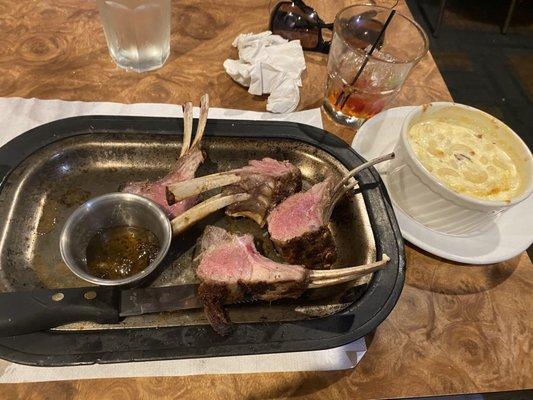 The lamb (really good); mac & cheese (pretty good), and the tail-end of an old fashioned (needing a refill)