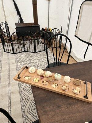 Outdoor winter set up and ice cream / cheese flight